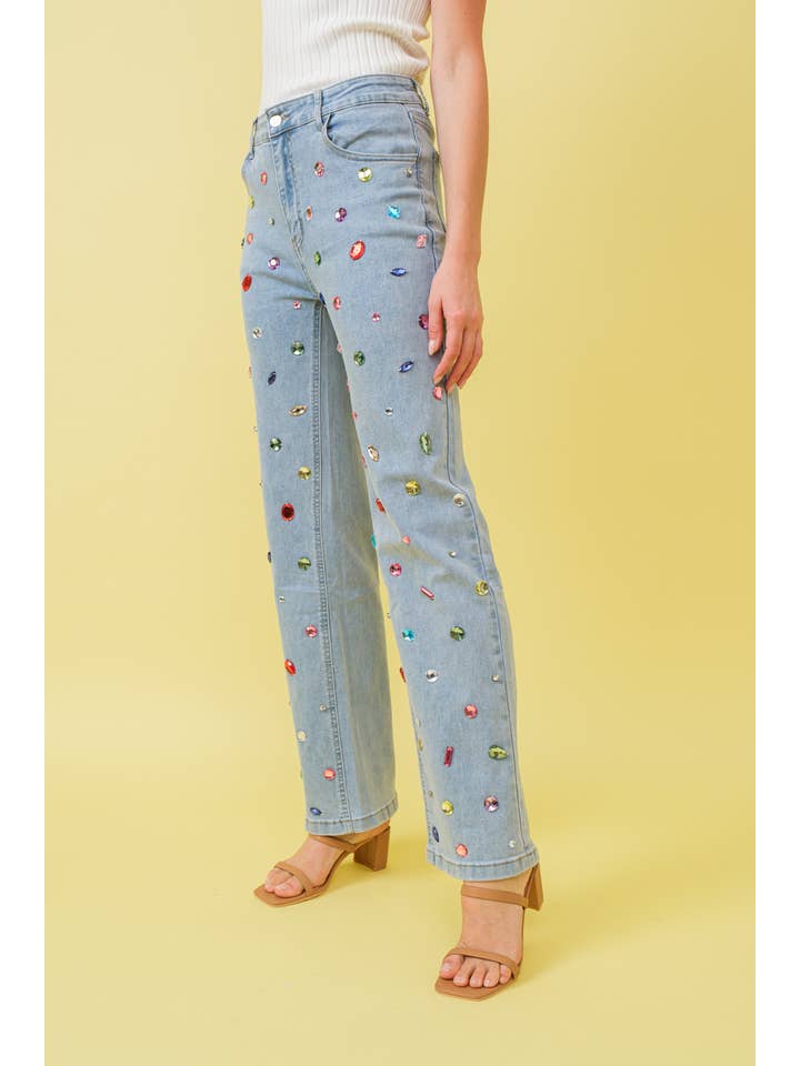 LIGHT WASH 61253P - Mid Rise Rainbow Jewel Embellished Denim Jeans for wholesale on Faire