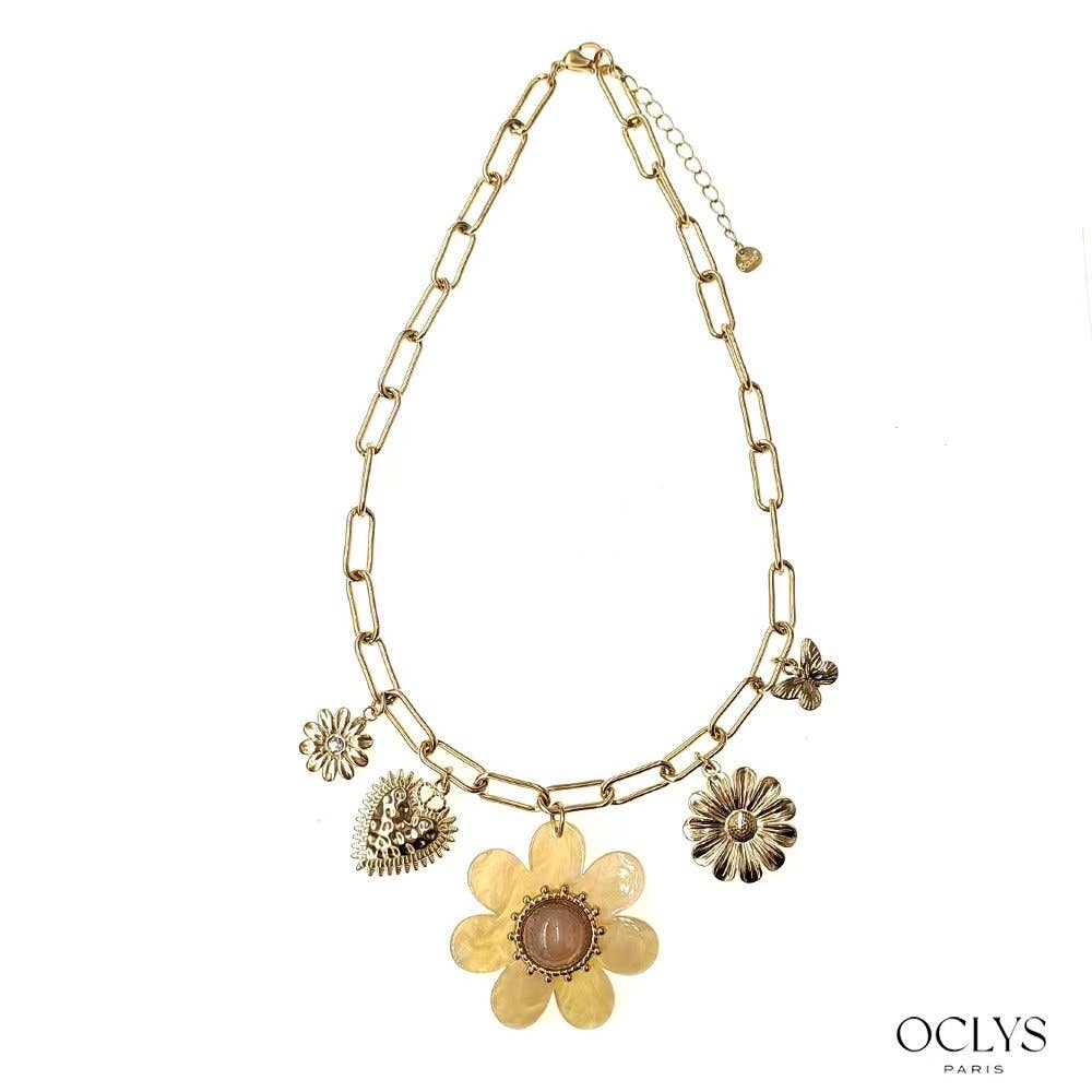 Oclys - Wholesale Pendant/Charm Necklace - Golden chain necklace with flower charms in stainless steel Aki2