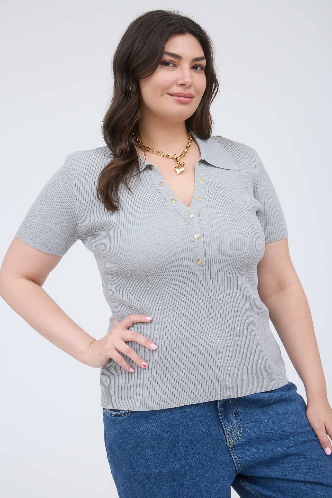 The Workshop Studio - Wholesale Knit Top - Women's - PLUS GOLD SNAP BUTTON SWEATER KNIT POLO2