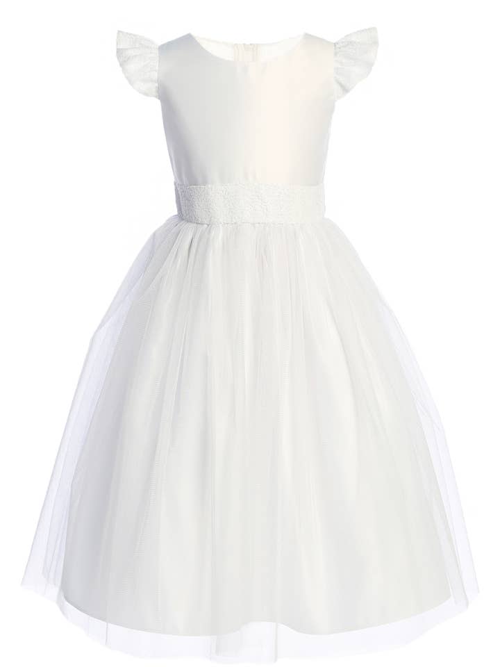 SK969 - Satin w/ crystal tulle skirt & sequin flutter sleeve for wholesale by Sweet Kids, Inc.