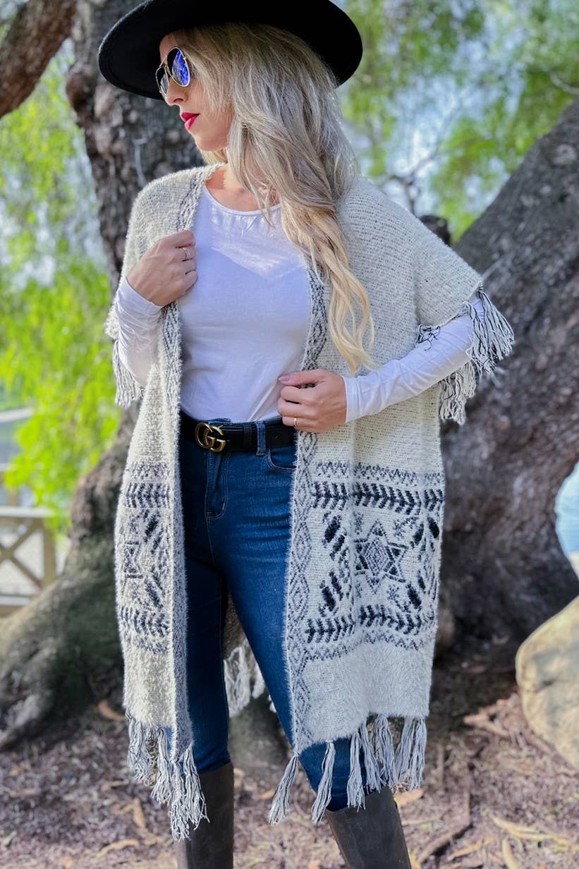 Ivory Aztec Western Tassel Trim Eyelash Knit Cardigan for wholesale on Faire1