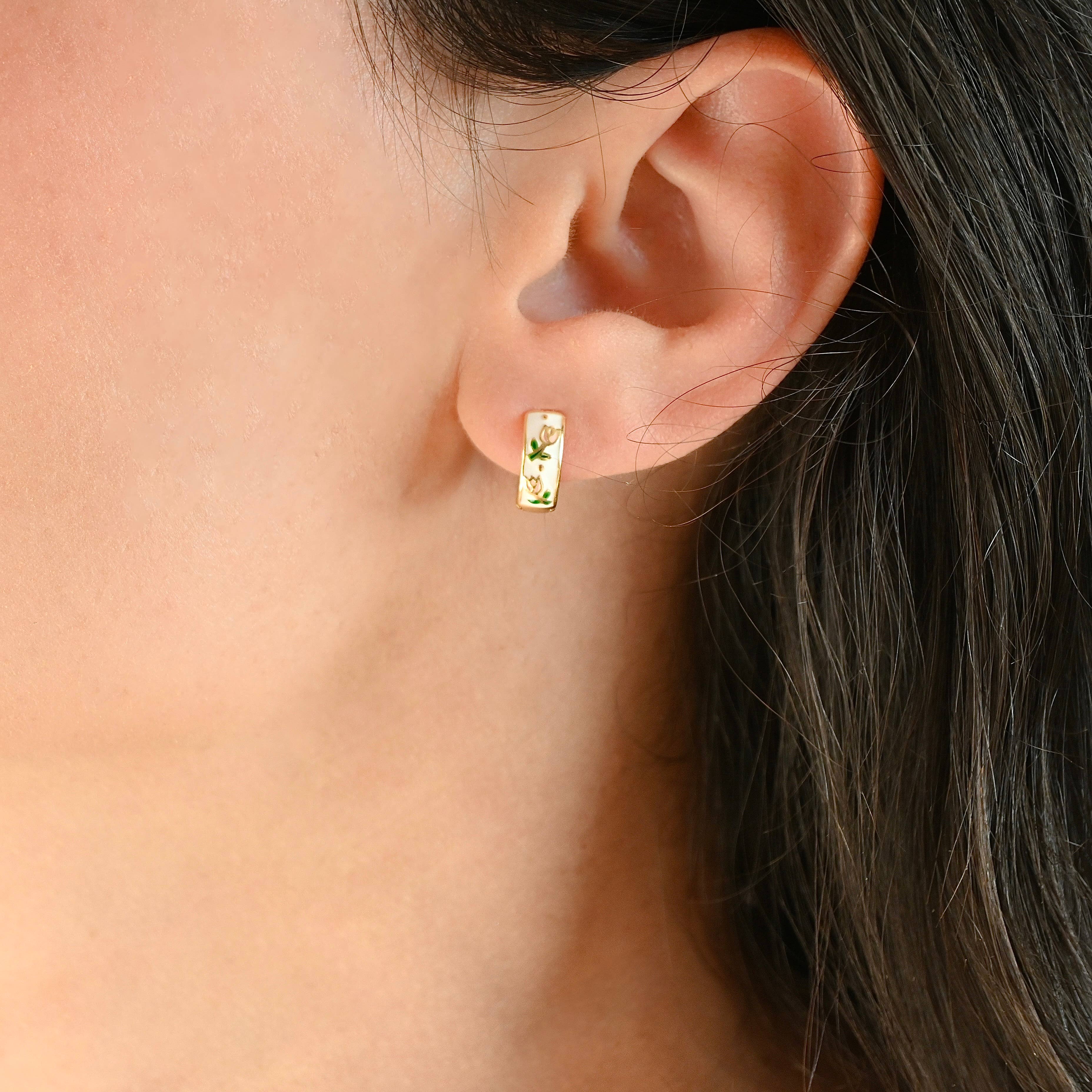 Blueyejewelry - Wholesale Huggie Earrings - Gold Enamel Flower Hoop Earrings-Vintage Style Silver Hoops1