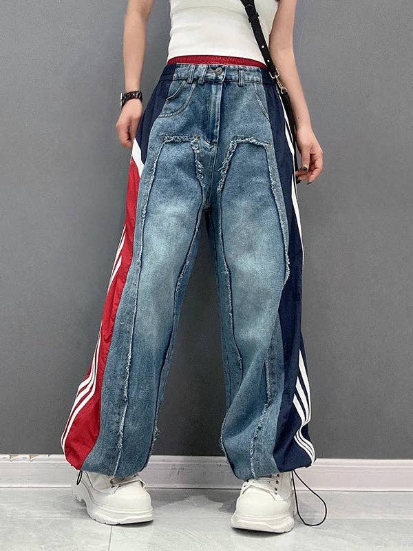 VividLux - Wholesale Jeans - Women's - Loose Wide Leg Contrast Color Drawstring Elasticity Fringed Split-Joint Jean Pants Bottoms5