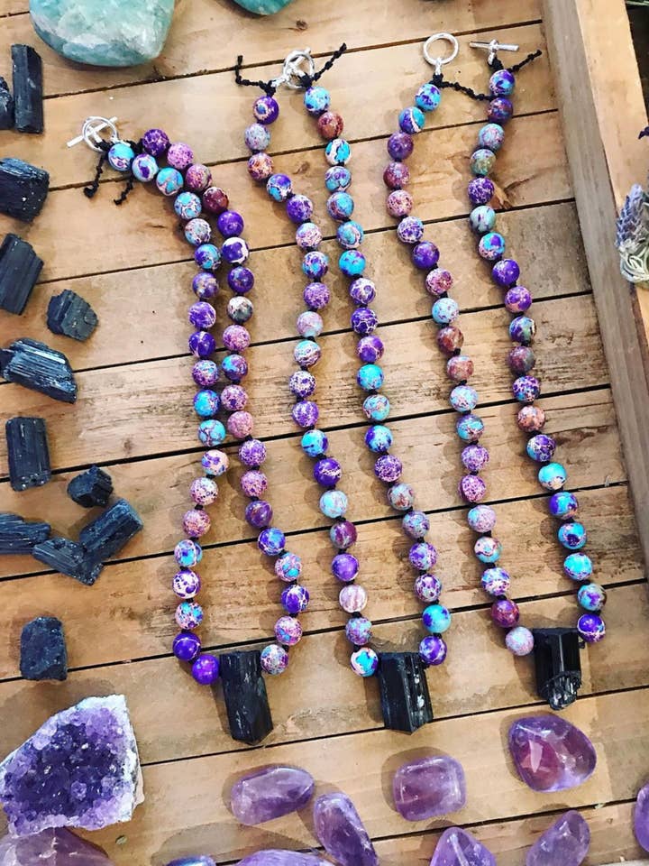 Black tourmaline & galaxy jasper hand knotted silk necklace for wholesale by Wingostarrjewelry