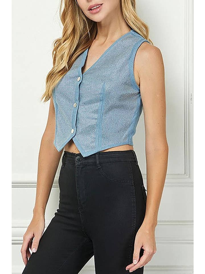 LIGHT BLUE V-NECK SLEEVELESS RHINESTONE VEST for wholesale on Faire1