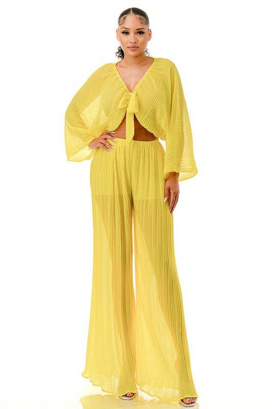 Namatt Design – wholesale Top & pants set (NOT Loungewear) – Women's – Plus Front Tie Billowing Pleated Crop Top & Pants Set9