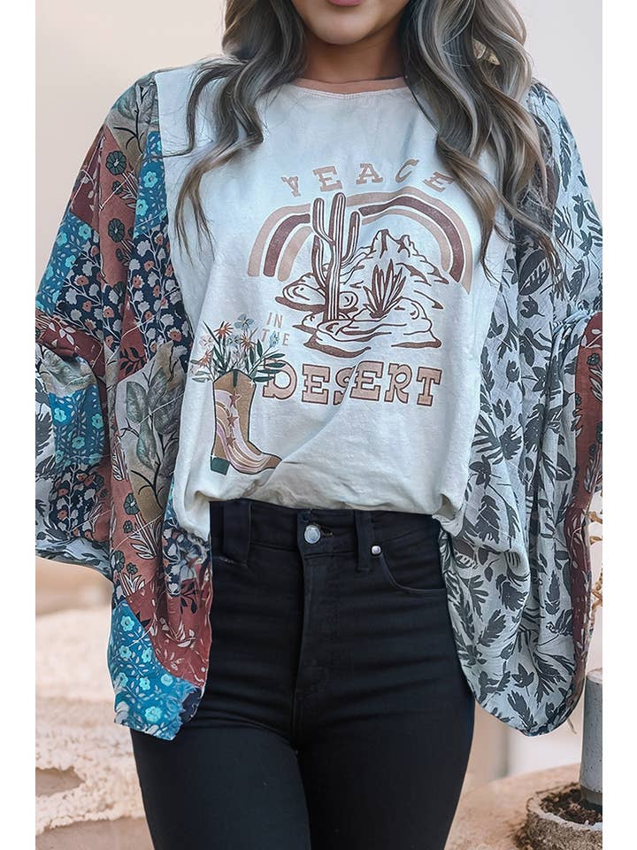 Multicolour LDC Asymmetric Patchwork Sleeve Peace Desert Graphic Tee for wholesale on Faire