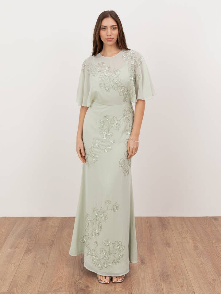 Maya Meadow Green Floral Embellished Angel Sleeve Maxi Dress for wholesale by Plaza Collection Ltd