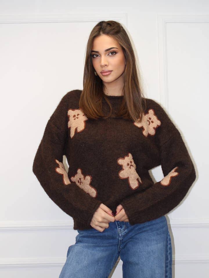 Jersey de cuello redondo y corte cuadrado con oso de peluche parcheado. para venta al por mayor de Chilli Girl Collection