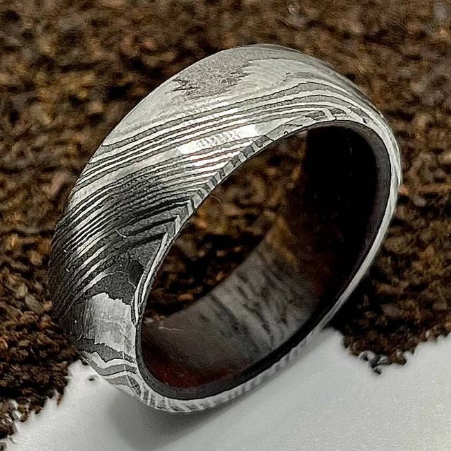 Rustic Damascus Steel Ring with Hardwood Sleeve | Handmade Minimalist Design for wholesale by RustyStudioUSA