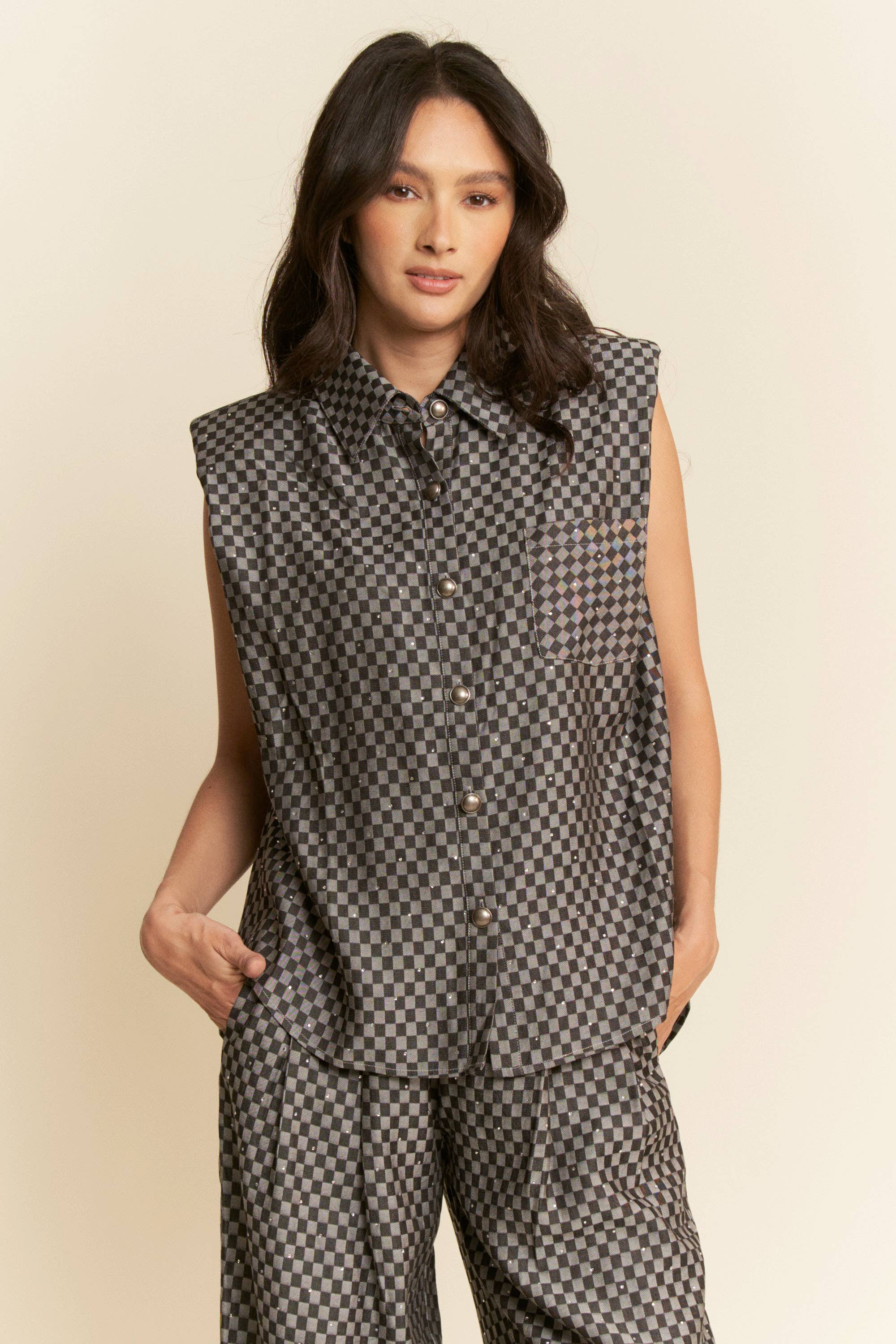 Davi & Dani – wholesale Set med topp och byxa – Dam – RUTIG DENIMSKJORTA MED KNAPPAR OCH LÅNGBYXOR17