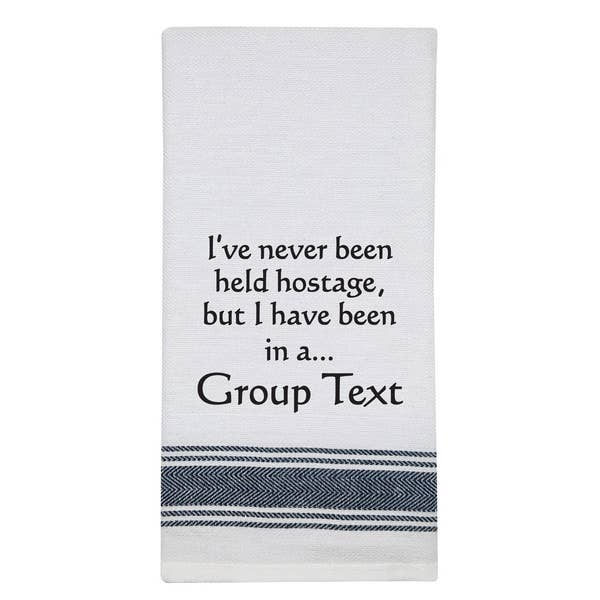 NEW BB-I-409 White Kitchen Towel "I've never been..." for wholesale by Wild Hare Designs