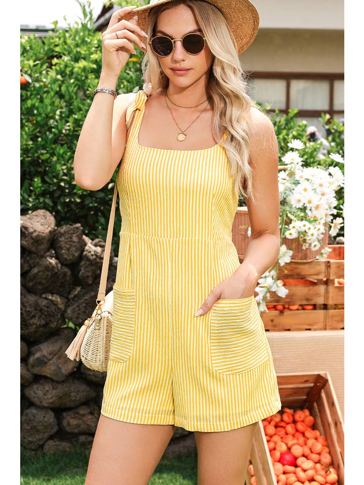 As shown Stripe Shoulder Tie Smocked Back Wide Leg Casual Romper for wholesale on Faire