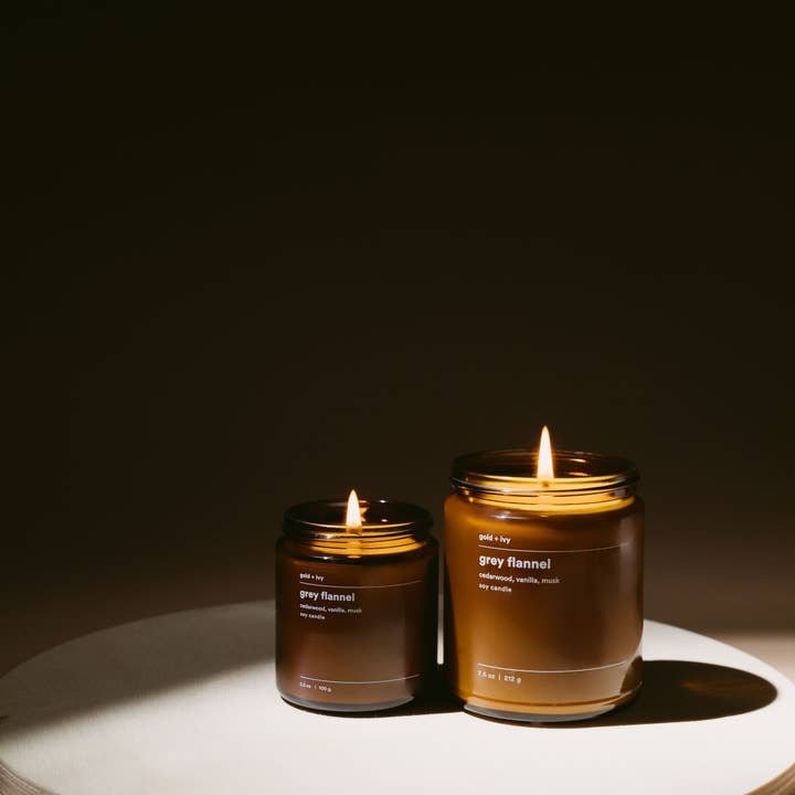 grey flannel soy candle - cedarwood, vanilla, musk for wholesale by gold + ivy