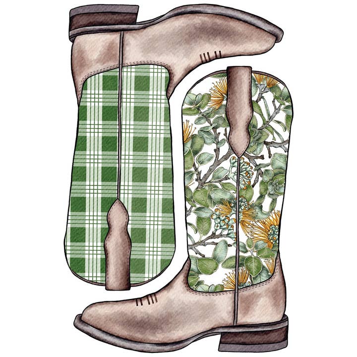 Yellow Ohia Lehua Palaka Boots | Art Print for wholesale by Malina Prints