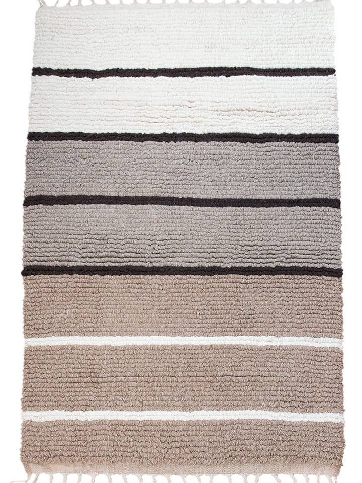Tapis en laine à poils bouclés à rayures neutres - beige, gris, blanc pour la vente par Ouive