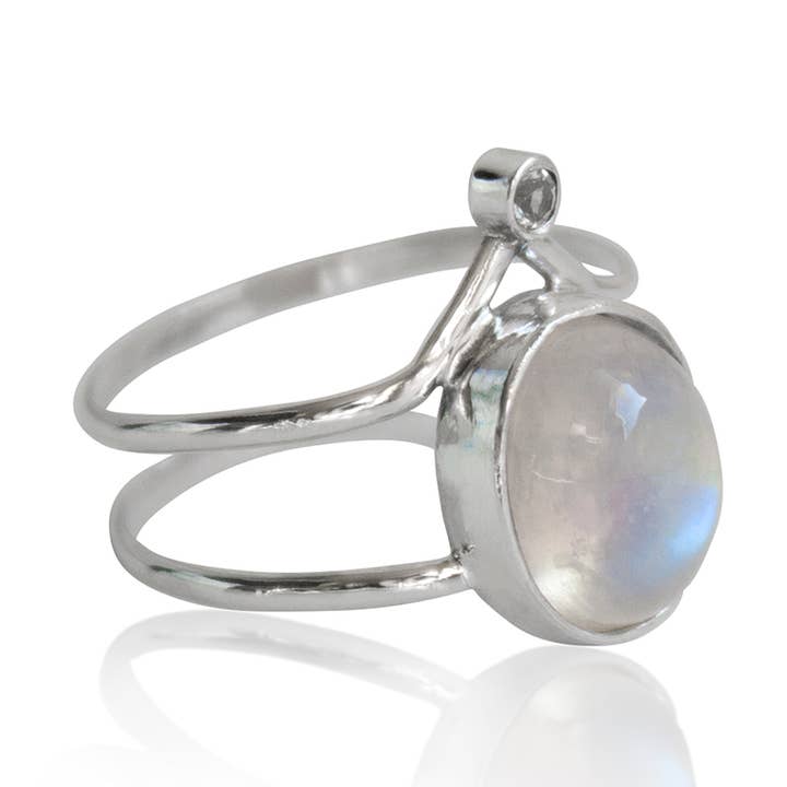 Rainbow Moonstone dubbele band Tiara sterling zilveren ring voor wholesale door Bentley & Lo