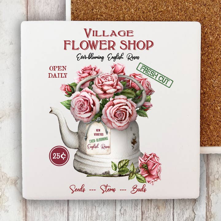 Village Flower Shop Roses Stone Coaster for wholesale by Avery Lane Gifts