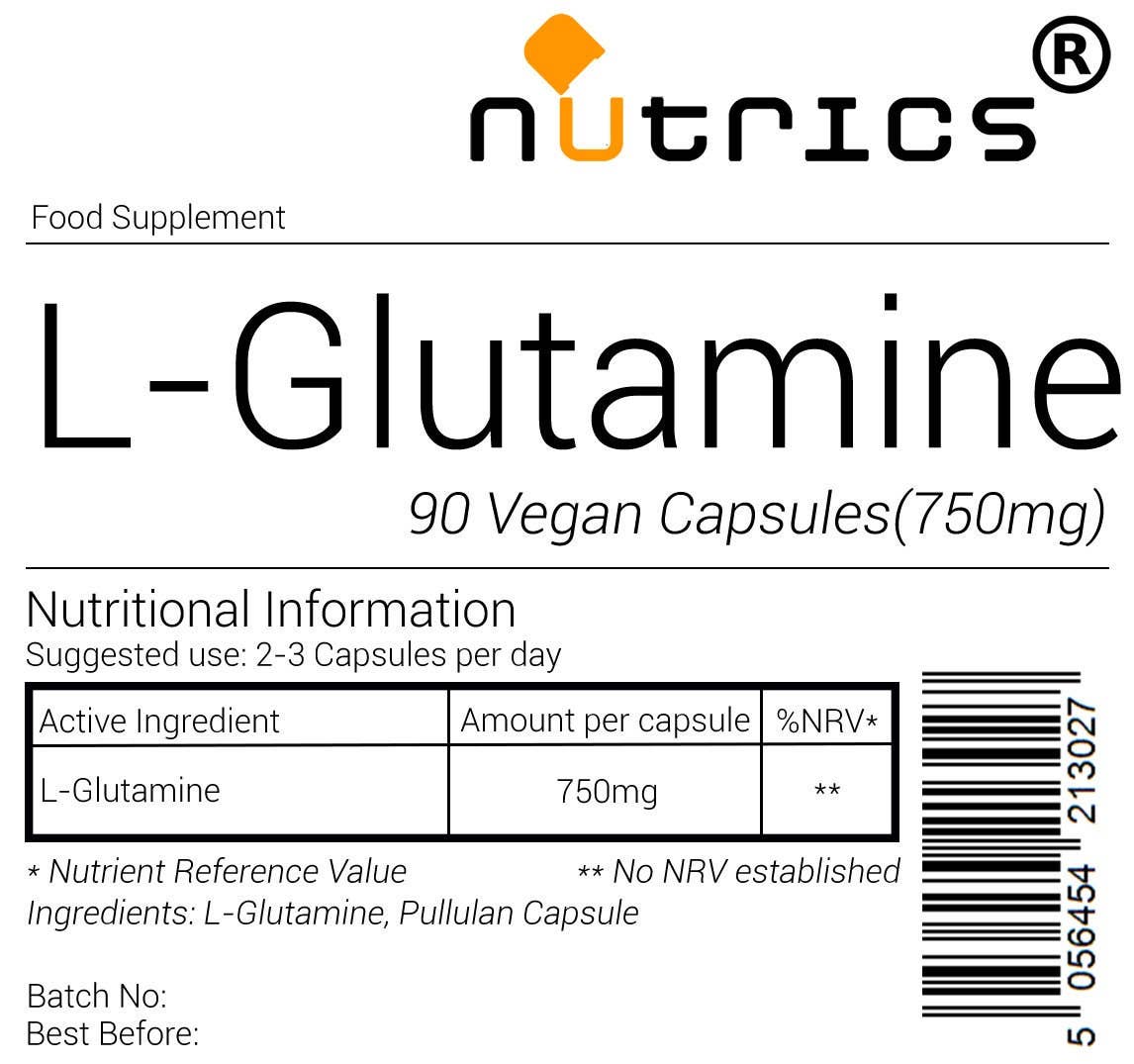 NUTRICS SUPERFOOD – Engroshandel Kosttilskud og vitaminer – 100 % ren L-glutamin 750 mg x 90 veganske kapsler (ikke tabletter)1