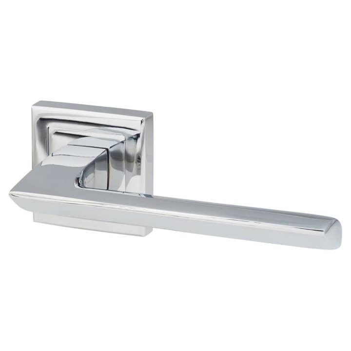 Omega Lever Door Handle on Square Rose - Polished Chrome for wholesale by Diybasket