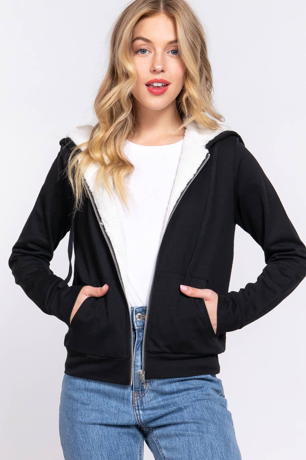 Active Basic | Active USA - Venta al por mayor Sudadera con capucha - Mujer - Chaqueta interior de felpa francesa con capucha y cremallera de piel sintética3