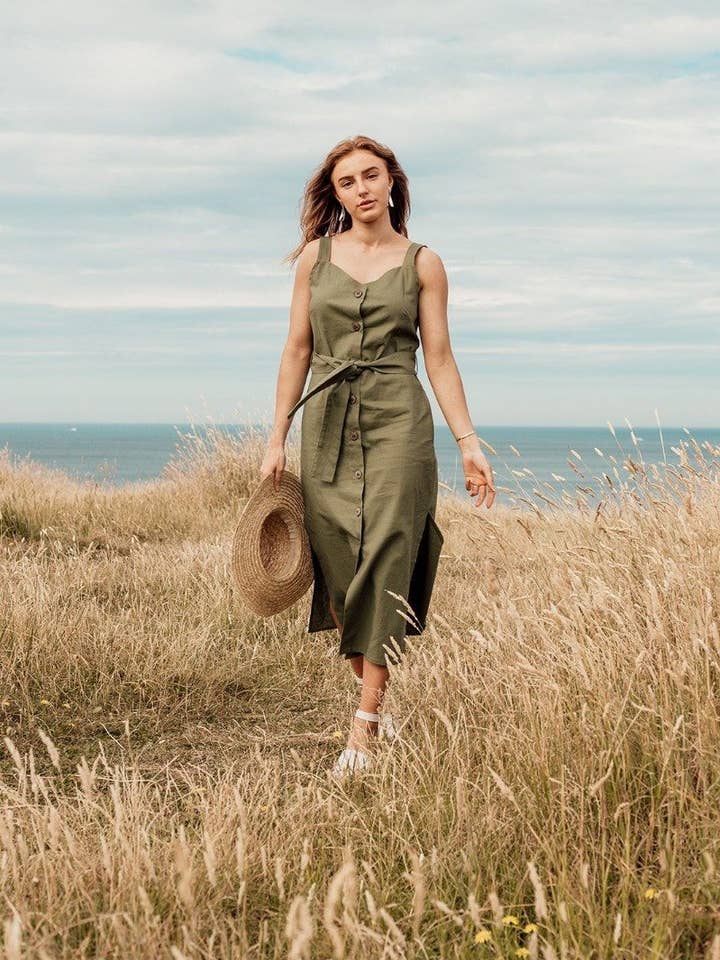Isha Olive Linen Dress for wholesale by MANU-THELABEL