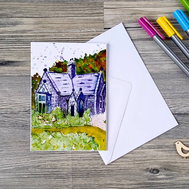 Carte de vœux faite à la main - Helston Cottage, Cornouailles, Royaume-Uni pour la vente par Christina Jenne Art and Design