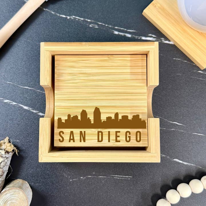 Mermaid of Hilton Head - Wholesale Coasters - San Diego Skyline Bamboo Coaster Set - 4 Coasters + Holder
