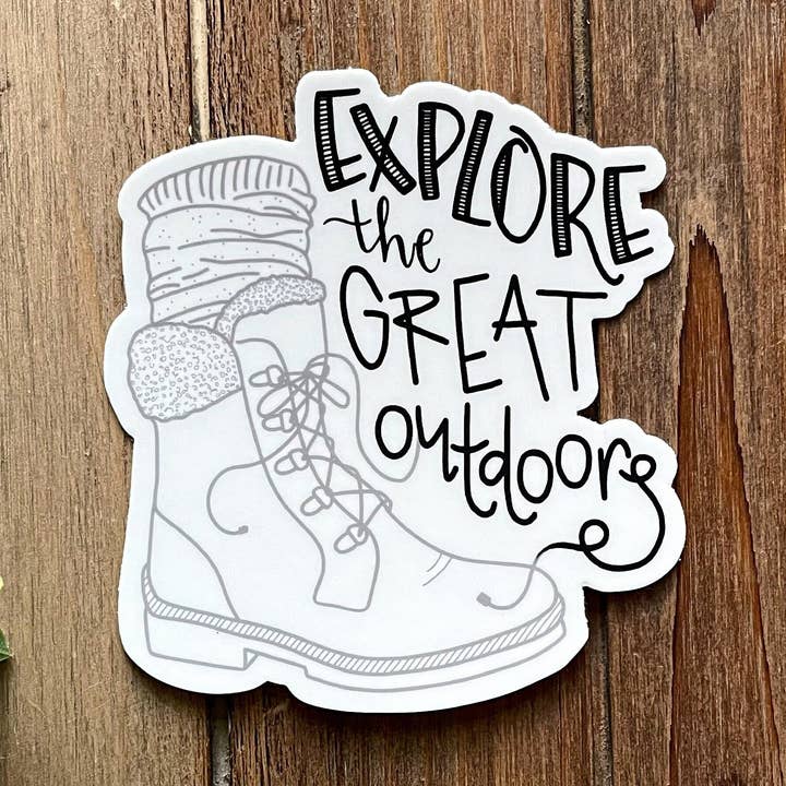 Hiking Boot Vinyl Sticker "Explore The Great Outdoors" for wholesale by DoodleStation