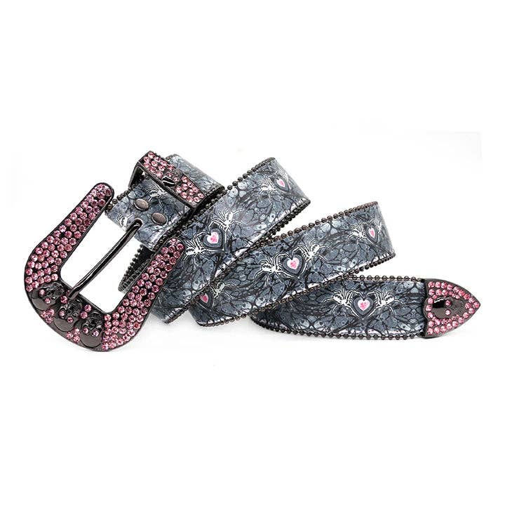 Black Skull Buckle Spider Strap Belt with Pink Studded Rhinestones for wholesale on Faire1