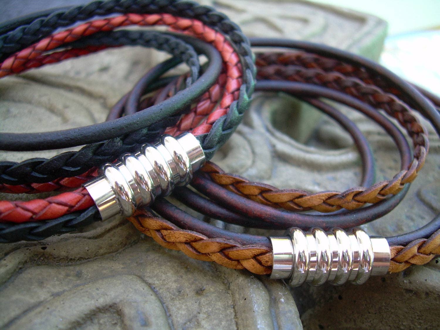 Urban Survival Gear USA - Wholesale Jewelry - Men's - Mens Leather Bracelet Stainless Steel Magnetic Clasp Mens Bracelets Leather Double Wrap Bracelet Fathers Day Gift Mens Jewelry Groomsmen3