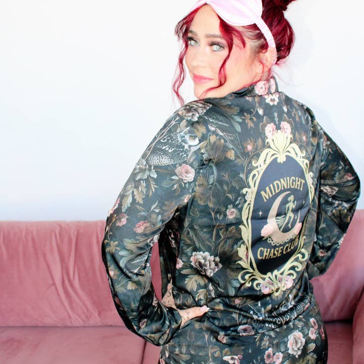 Midnight Chase Club – Dark Romance Design Women's Satin Long Sleeve Pajama Top for wholesale by Gilded Girl Accessories