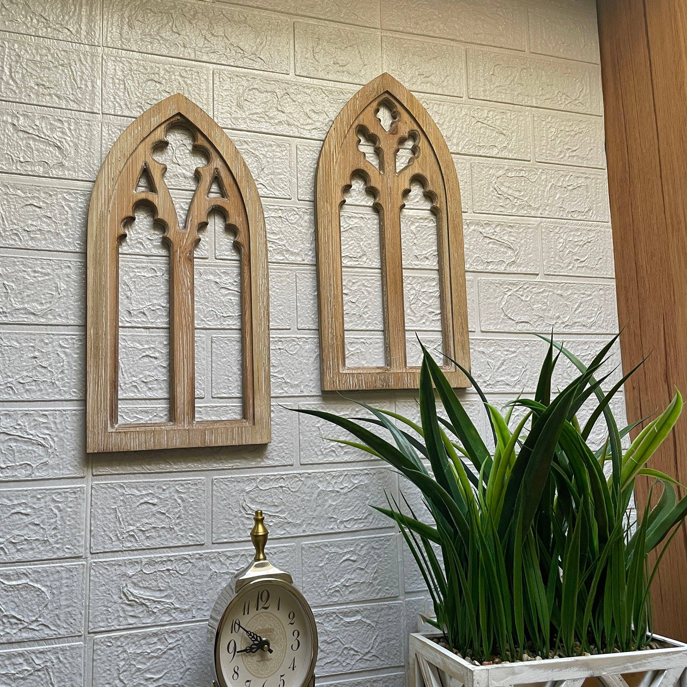 Zeckos - Wholesale Wall Accent - Set of 2 Washed Wood Gothic Arch Window Frame Wall Hangings 7