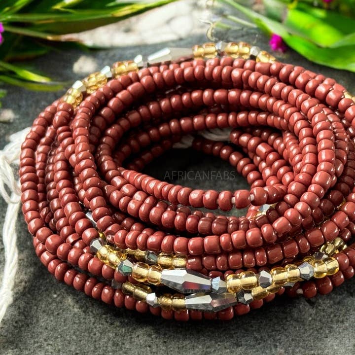 AfricanFabs – wholesale Pärlor – Midjepärlor / Afrikansk höftkedja - Abinéné - Brun / guld (Traditionell icke-elastisk tråd)