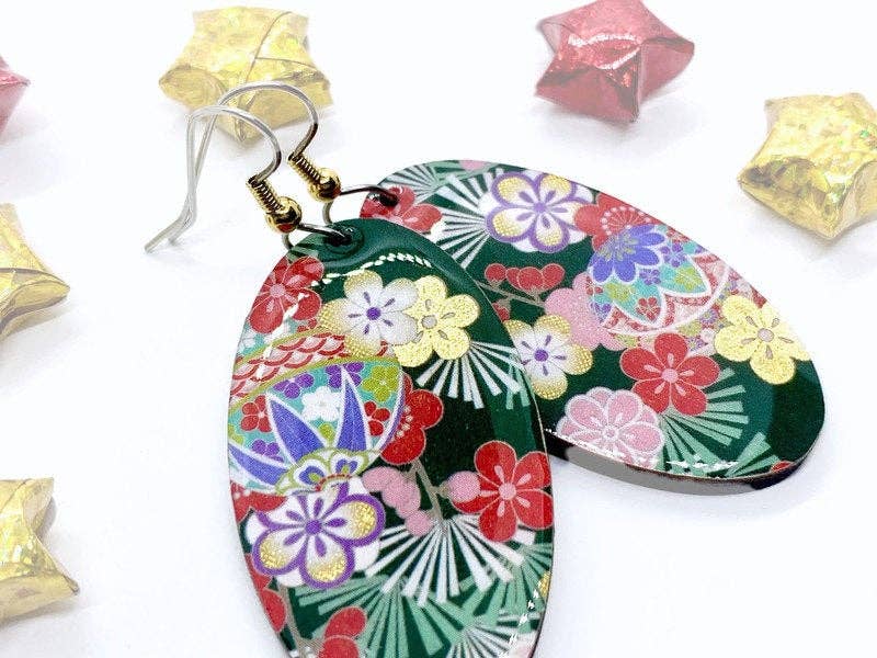 Prettykiku - Wholesale Dangle Earrings - Black Japanese Kimono Oval Earrings2