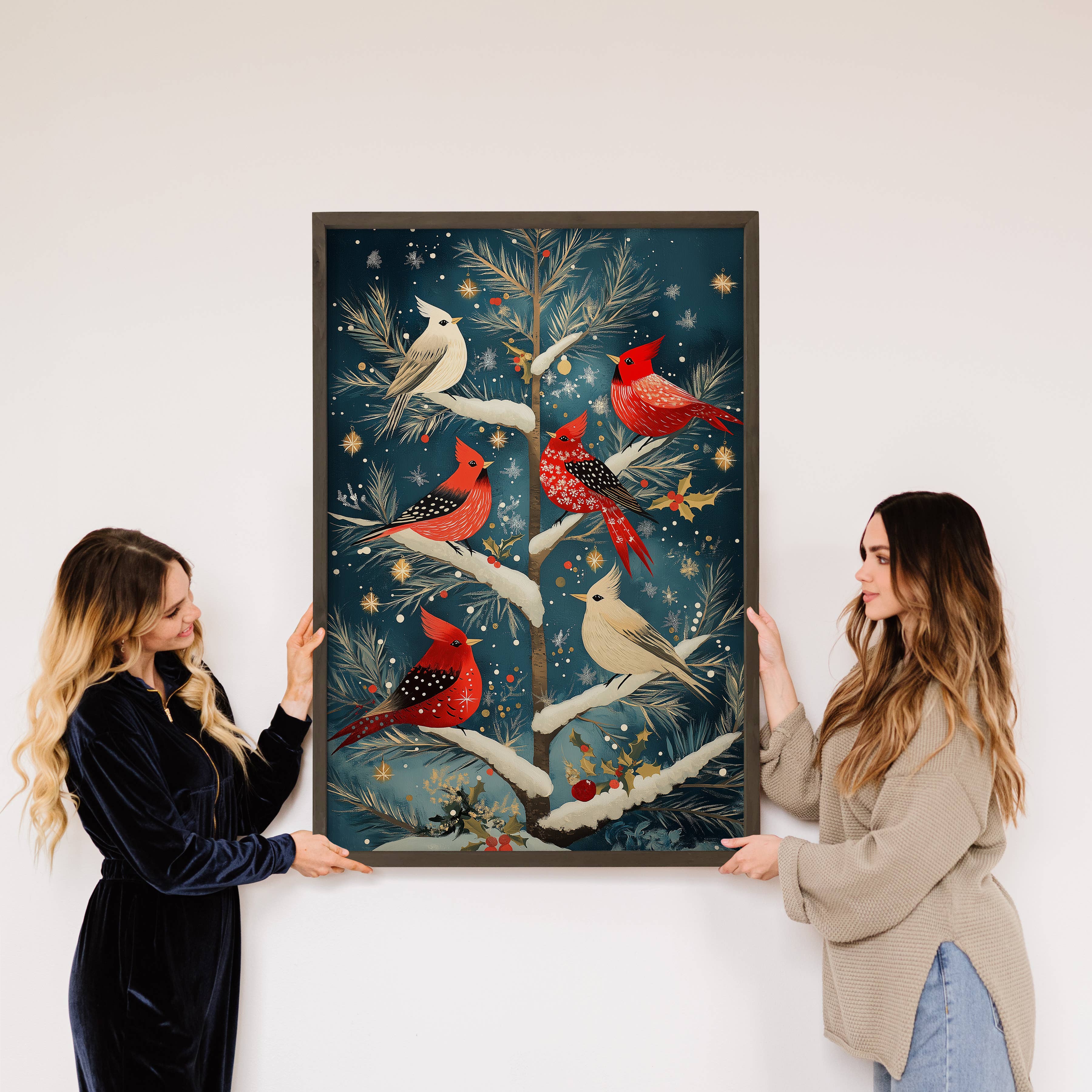 Hangout Home - Wholesale Art Print - Cardinals in Tree - Winter Birds Painting - Wood Framed Art2