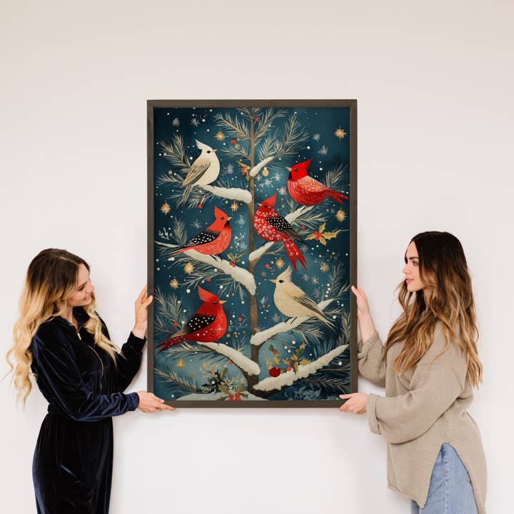 Hangout Home - Wholesale Art Print - Cardinals in Tree - Winter Birds Painting - Wood Framed Art2