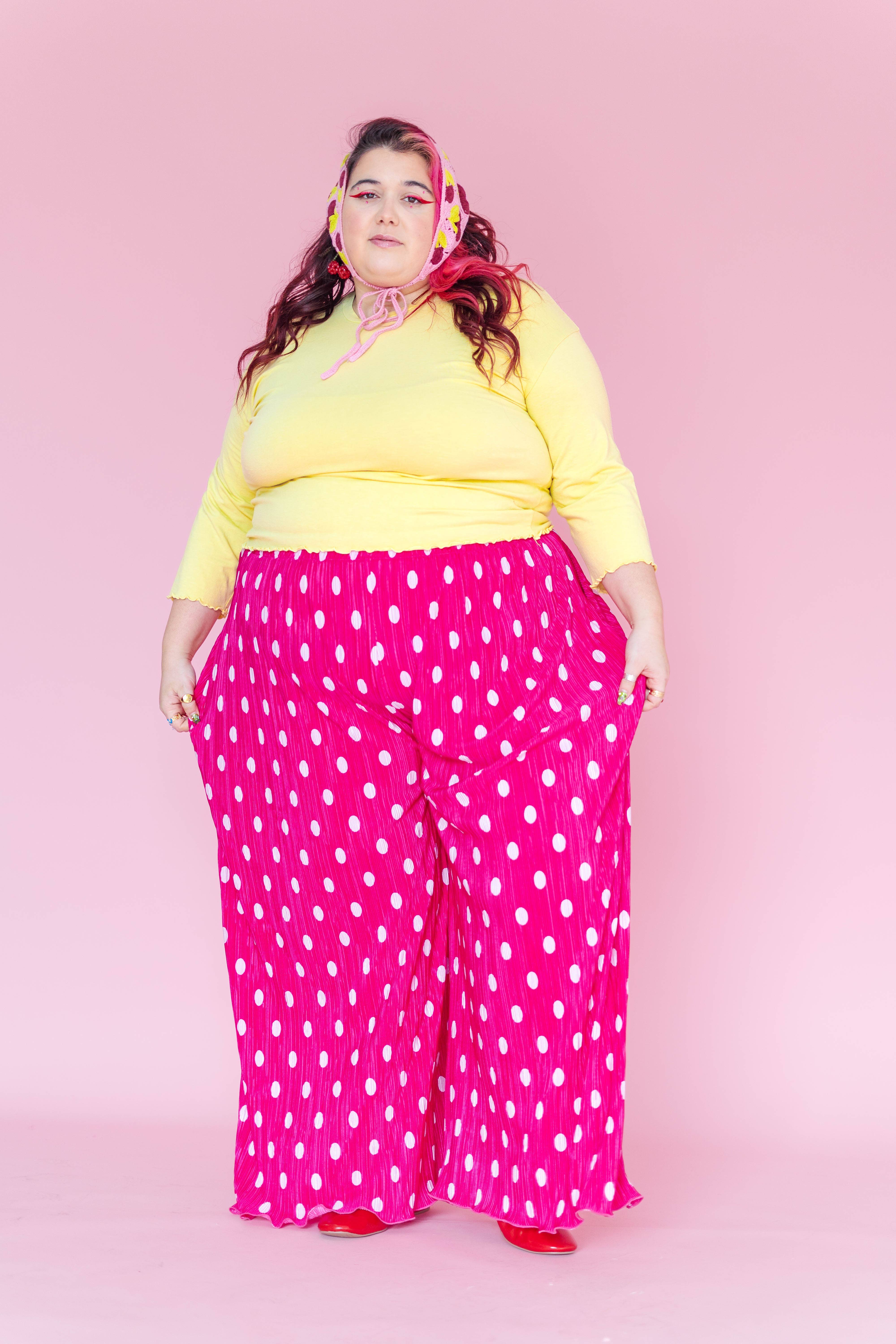 Nettle Studios - Wholesale Pants - Women's - Size Inclusive Hot Pink & White Polka Dot Pleated Flare Pant13