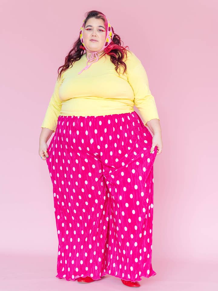 Nettle Studios - Wholesale Pants - Women's - Size Inclusive Hot Pink & White Polka Dot Pleated Flare Pant13