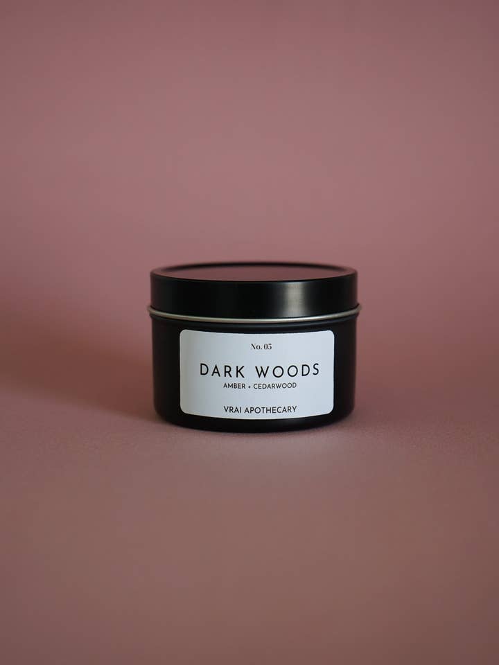 Tin Candle - Dark Woods for wholesale by Vrai Apothecary