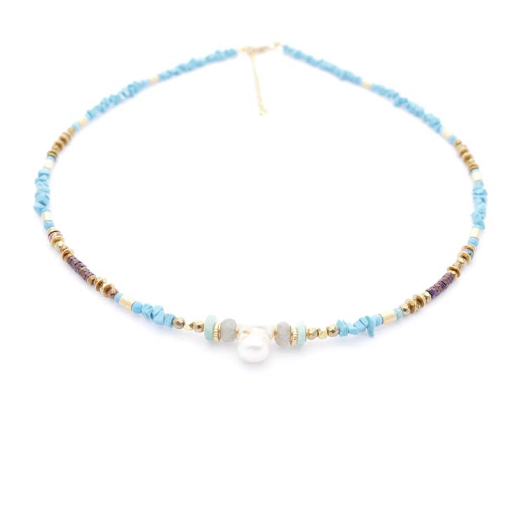 Turquoise Necklace With Labradorite Stone And Baroque Pearl for wholesale by Cátia Levy Designer