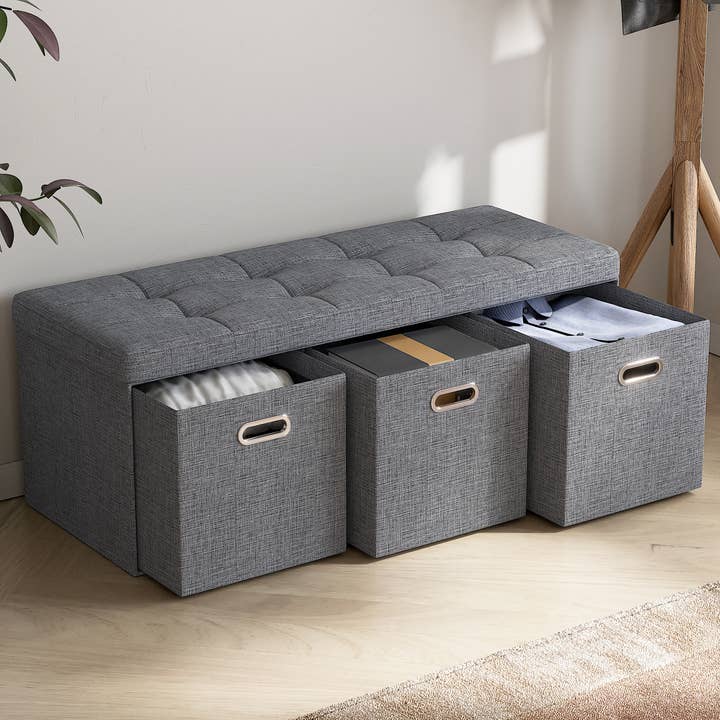 Ornavo Home – wholesale Ottoman – Vikbar tuftad linnebänk förvaring ottoman med 3 lådor