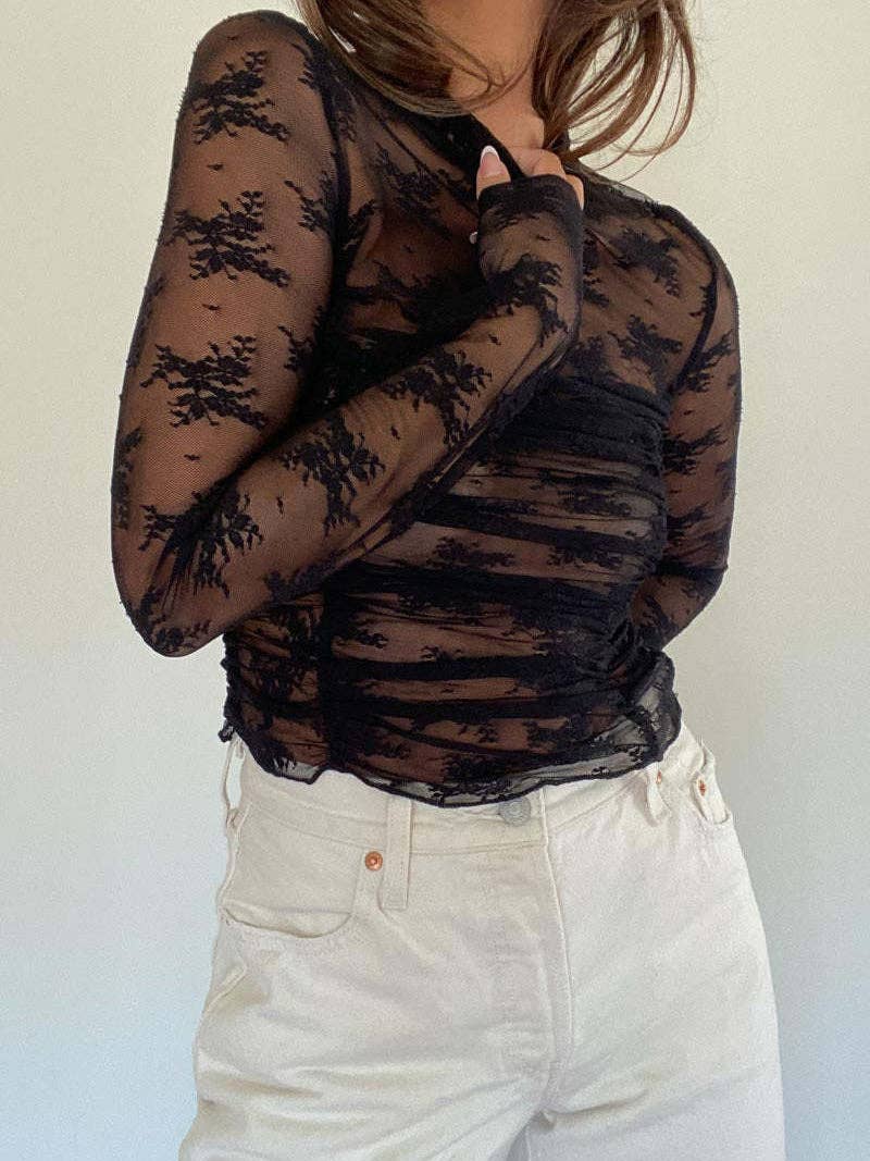 safistyle - Wholesale Blouse - Women's - Ruched Sheer Lace Long-Sleeve Top