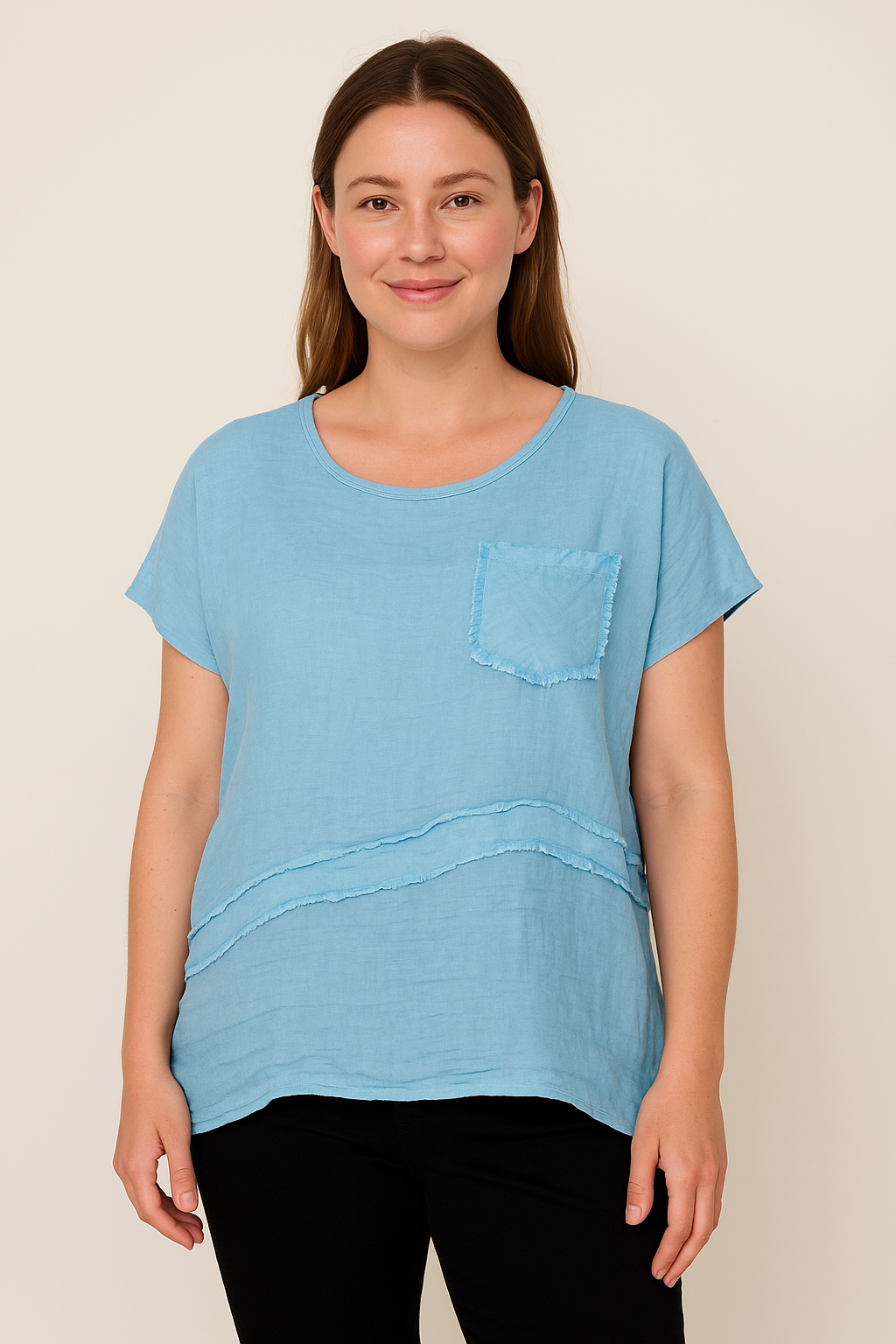 Lucy Sparks – wholesale T-shirt – women's – LINEN FRONT COTTON BACK T-SHIRT WITH CHEST POCKET9