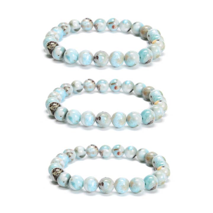 Bracelet en perles rondes lisses en larimar multicolore 8 mm, longueur 7,5'', 3 pièces par ensemble pour la vente par CRCBEADS