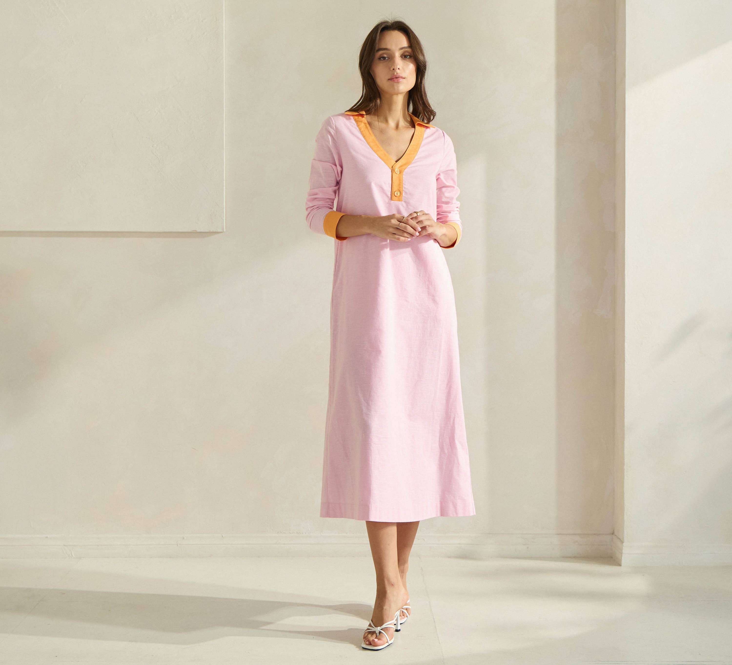 PINK ORANGE Contrast Trim Linen Dress for wholesale on Faire1