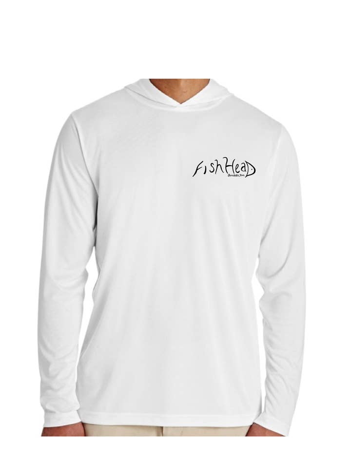 Men's UPF50 Long-Sleeve Dry-Fit Hoodie (White with Redfish) for wholesale by FishHead Threads, Inc.