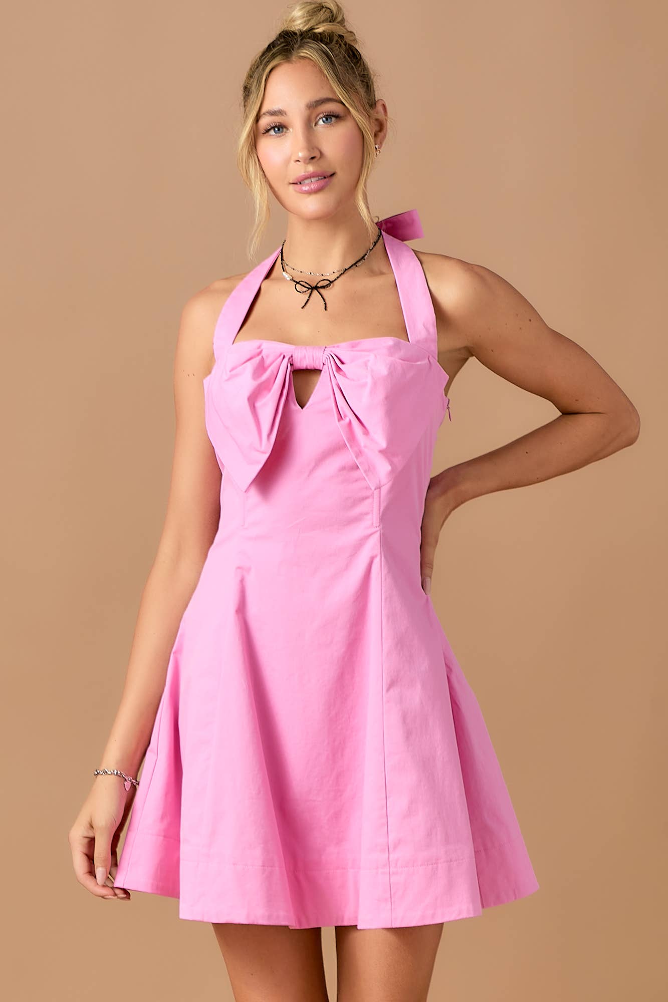 BABY PINK - Wholesale Dress - Women's - Big ribbon chest sleeveless mini dress2
