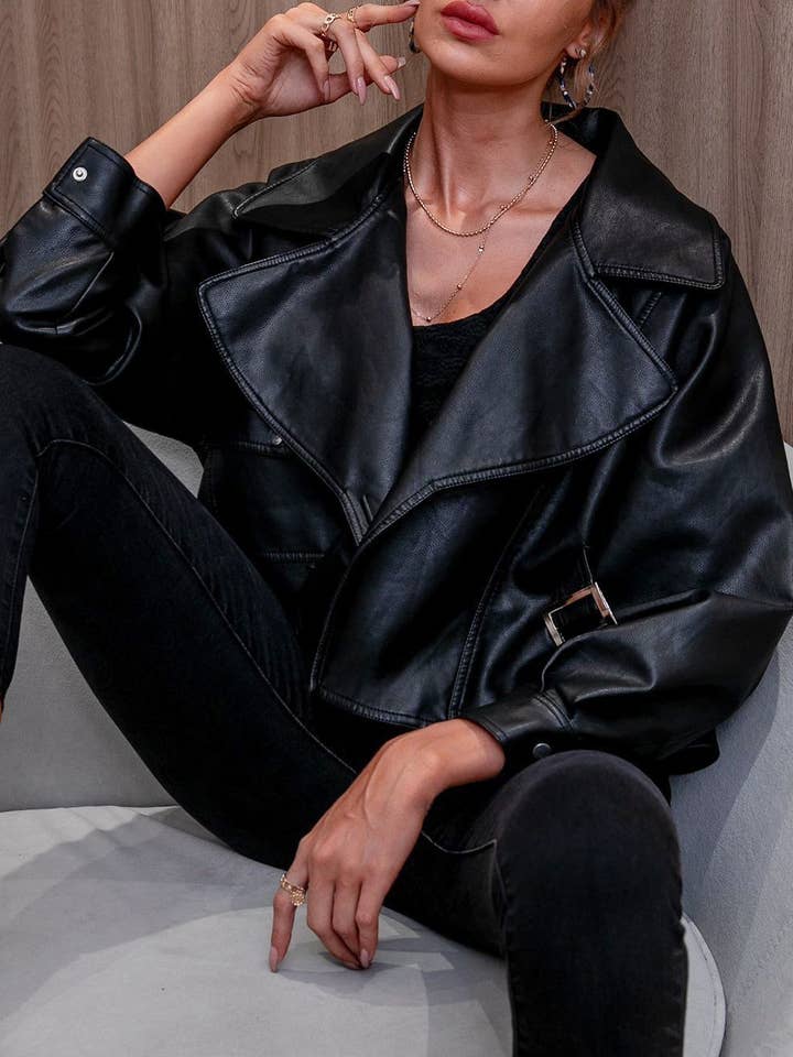 HIDDENBRAND - Wholesale Leather Jacket - Women's - Notch collar biker club faux leather jacket in black6
