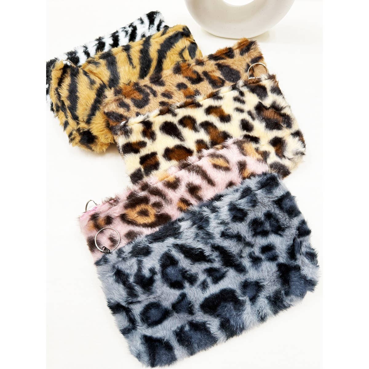 MIX COLOR Faux Fur Leopard Design Coin Purse with Key Ring for wholesale on Faire4